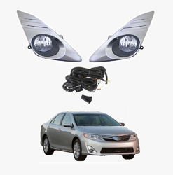 "Fog light kit for Toyota Camry 2012–2014 including left and right fog lamps, wiring harness, relay, and dashboard switch."