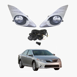 "Fog light kit for Toyota Camry 2012–2014 including left and right fog lamps, wiring harness, relay, and dashboard switch."