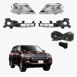 "Fog light kit for Toyota Land Cruiser FJ200 2016–2017 including fog lamps, wiring harness, relay, fuse, and dashboard switch."