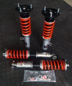 "BMW E34 coilovers installed on a BMW 5 Series E34, showcasing adjustable suspension, improved handling, and lowered stance."