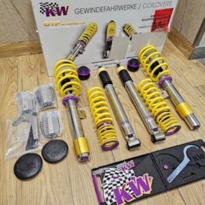 "BMW E90 KW coilovers with adjustable ride height and damping, designed for superior handling, cornering stability, and performance upgrades."