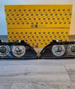 "BMW E39 Xenon headlights with projector lenses, clear glass, and OEM fitment, providing enhanced visibility and modern styling for 5 Series."